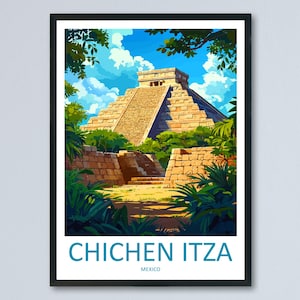 Chichen Itza Travel Poster Mexico Wall Art Mayan Ruins Print Ancient Decor Mexican Gift Souvenir Scene World Heritage Landmark Art