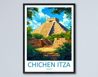 Chichen Itza Travel Poster Mexico Wall Art Mayan Ruins Print Ancient Decor Mexican Gift Souvenir Scene World Heritage Landmark Art