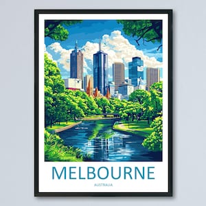 Melbourne Travel Poster Australia Wall Art Cityscape Print Yarra River View Illustration Urban Decor Melbourne Gift Souvenir Scene