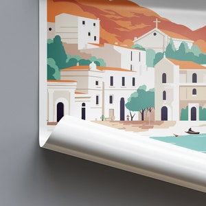 May include: A colorful illustration of a coastal town with white buildings, orange roofs, and green trees. The town is situated on a hillside with a blue ocean in the foreground. The illustration is printed on a white poster with a curled edge.
