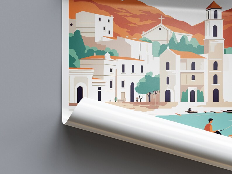 May include: A colorful illustration of a coastal town with white buildings, orange roofs, and green trees. The town is situated on a hillside with a blue ocean in the foreground. The illustration is printed on a white poster with a curled edge.