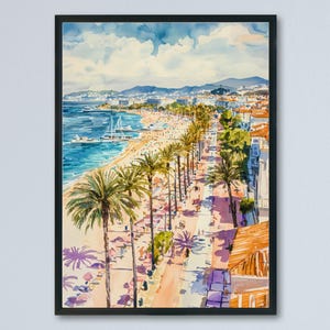 Rokoko-Aquarell Poster Frankreich-Wand-Kunst-Cannes-Dekor Französische Riviera Szene Seaside Stadtbild Strand-Sonnenuntergang-Druck