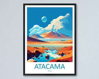 Puede incluir: Una ilustración colorida de una cordillera con un lago en primer plano. El cielo es azul con nubes blancas y un sol amarillo brillante. El texto "ATACAMA CHILE" está en la parte inferior de la imagen.