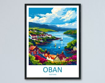 Puede incluir: Una ilustración colorida de un pueblo con casas y una bahía con barcos. El texto "OBAN SCOTLAND" está en la parte inferior de la imagen.