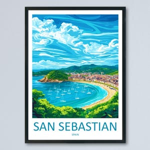 Póster de viaje de San Sebastián con dibujos animados, arte mural de España, impresión de ciudad costera, ilustración vasca, decoración de playa, regalo de recuerdo de San Sebastián