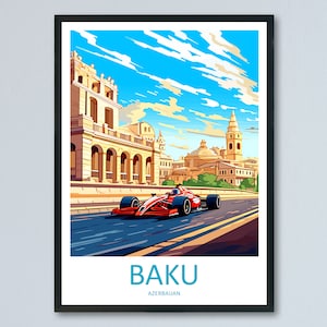 Impresión de viaje de Bakú, decoración de pared, póster del circuito de Bakú, impresión artística de viajes de deportes de motor, ilustración de carreras, arte de viajes de autos de carrera de Azerbaiyán