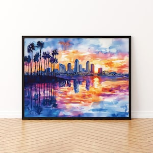 Poster acquerello di San Diego, California, stampa di viaggio di San Diego, dipinto di città costiera, arte murale sulla spiaggia, decorazione dell&#39;oceano USA, souvenir