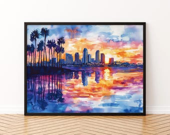 San Diego California Watercolor Poster San Diego Travel Print Coastal City Painting Beach Wall Art USA Ocean Decor Souvenir