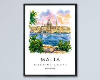 Póster de acuarela de Malta, arte mural, tapiz de Malta, decoración del hogar, regalo de Malta, amantes del arte, arte mural de Malta
