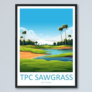 May include: A colorful illustration of a golf course with a pond and palm trees. The text "TPC Sawgrass Golf Course" is at the bottom of the image.