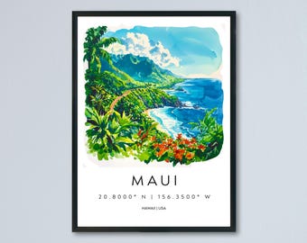 Póster de acuarela de Maui Arte de pared Tapiz de pared de Maui Decoración del hogar Regalo de Maui Amantes del arte Regalo para amantes del arte de Hawái Arte de pared de Hawái