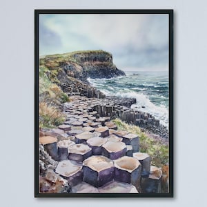 Póster de acuarela de la Calzada del Gigante, impresión de viaje a Irlanda, arte mural costero, pintura de la Calzada del Gigante, decoración natural