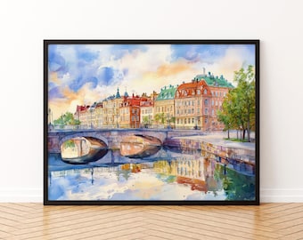 Göteborg Szwecja Akwarela Plakat Podróż Göteborg Skandynawskie Miasto Malarstwo Port Sztuka Ścienna Pamiątka