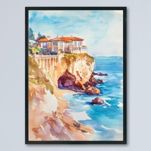 Póster de acuarela de Biarritz, impresión de viaje de Biarritz, arte mural de Francia, decoración de Biarritz, escena de la costa de surf, vista al océano, paisaje de la Riviera Francesa
