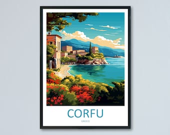 May include: A colorful illustration of a seaside town in Corfu, Greece. The image features a blue ocean, green hills, and a cluster of buildings with red tile roofs. The text "CORFU GREECE" is printed at the bottom of the image.