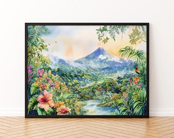 Könnte beinhalten: Ein gerahmtes Aquarellgemälde einer üppigen tropischen Landschaft. Das Kunstwerk zeigt einen Berg, einen Fluss und leuchtende Blumen. Das Gemälde hat einen schwarzen Rahmen und wird auf einem Holzboden ausgestellt.
