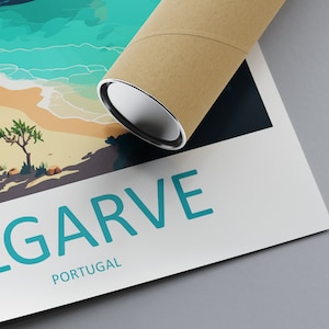 May include: A poster with a colorful illustration of a beach scene with a blue ocean, white sand, and a green tree. The text "ALGARVE PORTUGAL" is printed in teal blue at the bottom of the poster.