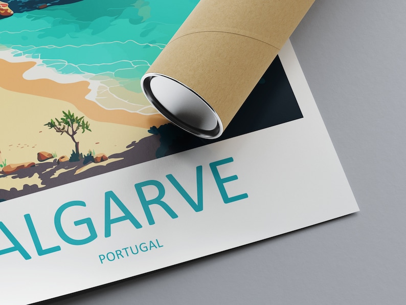 May include: A poster with a colorful illustration of a beach scene with a blue ocean, white sand, and a green tree. The text "ALGARVE PORTUGAL" is printed in teal blue at the bottom of the poster.