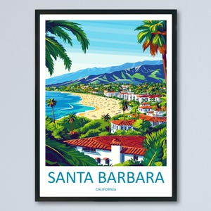 Santa Barbara Travel Poster California Wall Art Coastal City Print Oceanfront Illustration Mountain View Decor Santa Barbara Gift