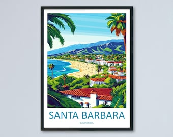 Santa Barbara Travel Poster California Wall Art Coastal City Print Oceanfront Illustration Mountain View Decor Santa Barbara Gift