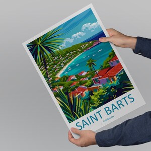 May include: A colorful illustration of a tropical island scene with a beach, palm trees, and houses. The text "SAINT BARTS CARIBBEAN" is at the bottom of the image.