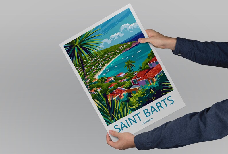 May include: A colorful illustration of a tropical island scene with a beach, palm trees, and houses. The text "SAINT BARTS CARIBBEAN" is at the bottom of the image.