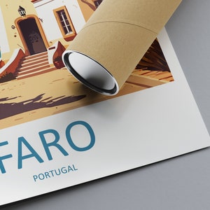 May include: A colorful illustration of a building with a blue door and a white facade. The building is on a sandy beach with a blue ocean in the background. The text "FARO PORTUGAL" is printed below the image.