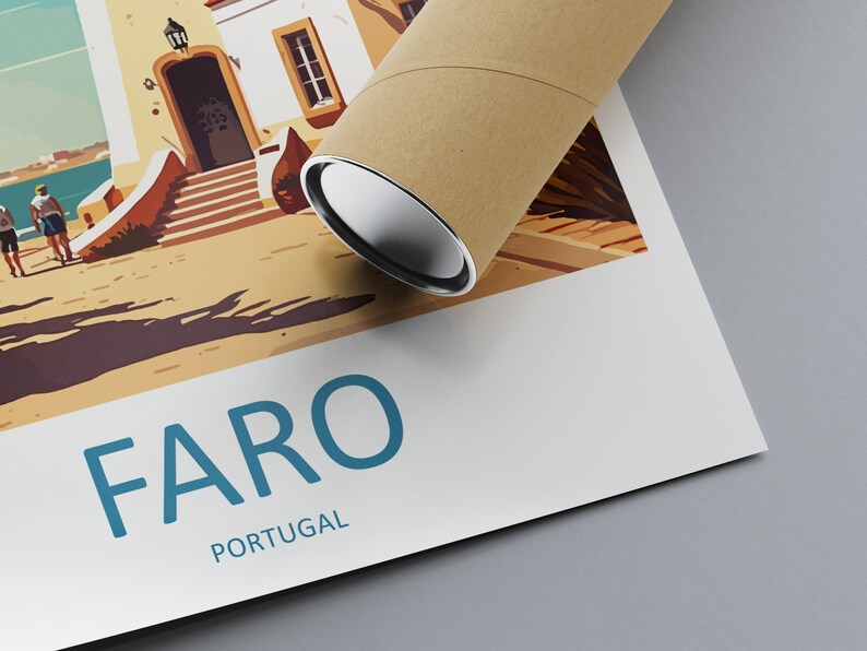 May include: A colorful illustration of a building with a blue door and a white facade. The building is on a sandy beach with a blue ocean in the background. The text "FARO PORTUGAL" is printed below the image.