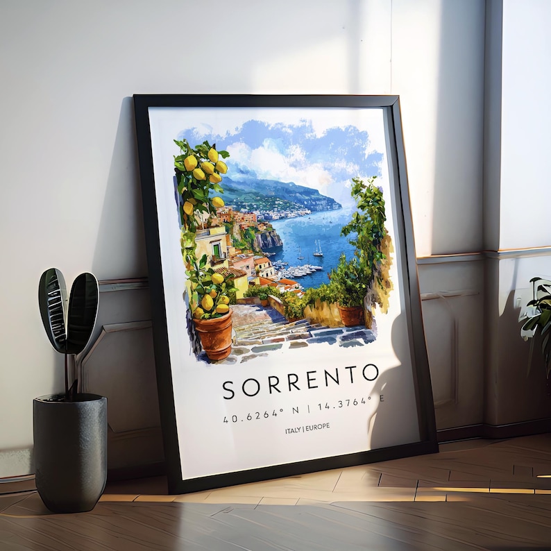 Póster de acuarela de Sorrento. Impresión de viaje de Sorrento. Arte mural de Sorrento. Pintura de paisaje urbano de Sorrento. Recuerdo de Sorrento. Decoración italiana. imagen 3