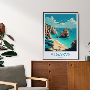 May include: A vintage travel poster with a blue, green, and white color scheme depicting a beach scene with rocky cliffs and the text "ALGARVE PORTUGAL".