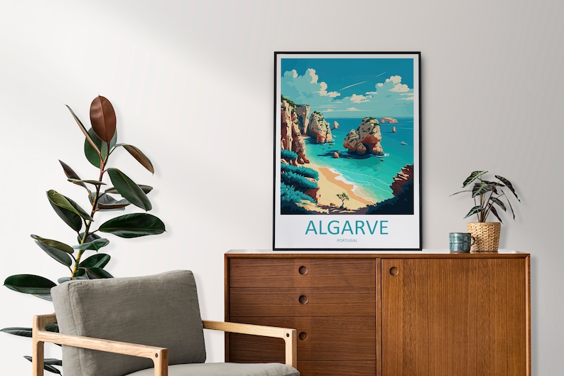 May include: A vintage travel poster with a blue, green, and white color scheme depicting a beach scene with rocky cliffs and the text "ALGARVE PORTUGAL".