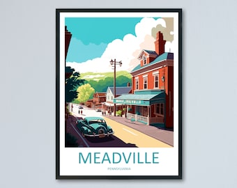 May include: A vintage teal car drives down a street lined with colorful buildings in Meadville, Pennsylvania. The sky is blue with white clouds. The building on the right has a green awning with the text "Meadville, PA" on it.