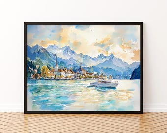 Pôster de aquarela de Lucerna, arte de parede, decoração de parede de Lucerna, presente de Lucerna para amantes da arte, arte de parede da Suíça