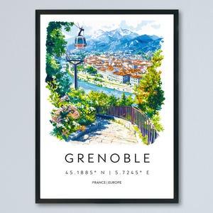 Grenoble Watercolor Poster Grenoble Travel Print France Wall Art Grenoble Decor Alpine City Scene Mountain View French Landscape Print