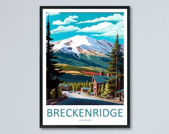 May include: A vintage-style travel poster featuring a scenic view of Breckenridge, Colorado. The poster depicts a snow-capped mountain peak, a winding road leading to a small town, and lush green trees. The text "BRECKENRIDGE COLORADO" is displayed at the bottom of the poster.