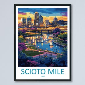Könnte beinhalten: Eine farbenfrohe Illustration der Scioto Mile in Columbus, Ohio. Das Bild zeigt eine Stadtlandschaft mit hohen Gebäuden, einem Fluss und einem Park, in dem Menschen spazieren gehen und die Natur genießen. Der Himmel ist in leuchtendem Orange und Lila gehalten, und das Wasser ist tiefblau.