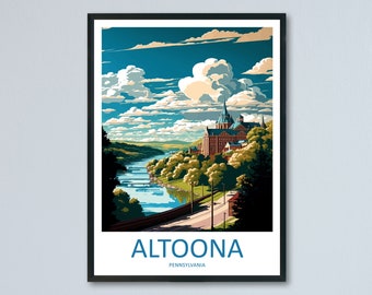 Puede incluir: Una ilustración de póster de viaje vintage de Altoona, Pensilvania. El póster presenta una vista panorámica de un río serpenteando a través de un valle con un gran edificio en una colina en el fondo. El cielo es azul con nubes blancas. El texto "ALTOONA" está impreso en azul en la parte inferior del póster.