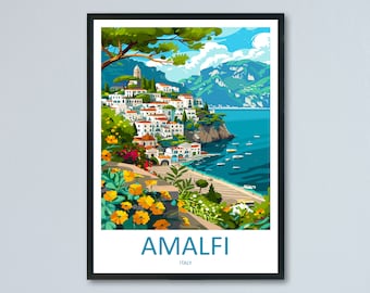 May include: A colorful illustration of the Amalfi Coast in Italy. The image shows a white town built on a cliffside overlooking a blue sea. The town is surrounded by lush green trees and mountains. The text "Amalfi, Italy" is printed at the bottom of the image.
