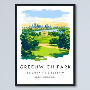 Plakat z akwarelą Greenwich Park Greenwich Park Londyn Podróż Wydruk Sztuka ścienna Greenwich Park Wystrój domu Greenwich Park Prezent Greenwich Park Wielka Brytania Park