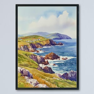 Affiche aquarelle de la péninsule de Dingle, impression de voyage en Irlande, art façon sauvage de l'Atlantique, décoration de la côte de Dingle, paysage irlandais, art mural, impression scénique