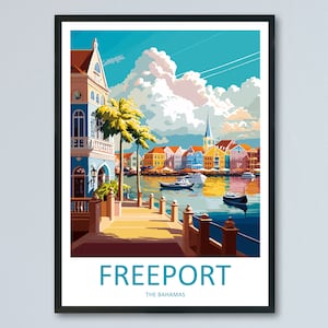May include: A colorful illustration of a waterfront scene in Freeport, The Bahamas. The image features a row of brightly colored buildings, a palm tree, a blue sky with white clouds, and a body of water with boats.