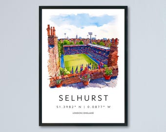 May include: Watercolor print of Selhurst Stadium in London, England, framed in black. The artwork depicts the stadium with a green field, blue seating, and red brickwork. The text "SELHURST" and coordinates are displayed below the image.