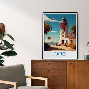 May include: A vintage-style poster featuring a lighthouse with a red and white striped tower, palm trees, and the text "FARO, PORTUGAL".