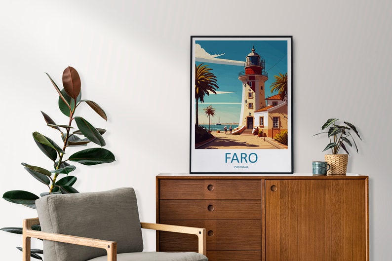 May include: A vintage-style poster featuring a lighthouse with a red and white striped tower, palm trees, and the text "FARO, PORTUGAL".
