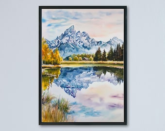 Grand Teton Watercolor Poster Grand Teton Travel Print Grand Teton National Park Wall Art Wyoming Mountain Decor Landscape Nature Print