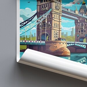 May include: A colorful illustration of the Tower Bridge in London, England. The bridge is a famous landmark with two towers and a walkway connecting them. The illustration is in a retro style with bright colors and bold lines.