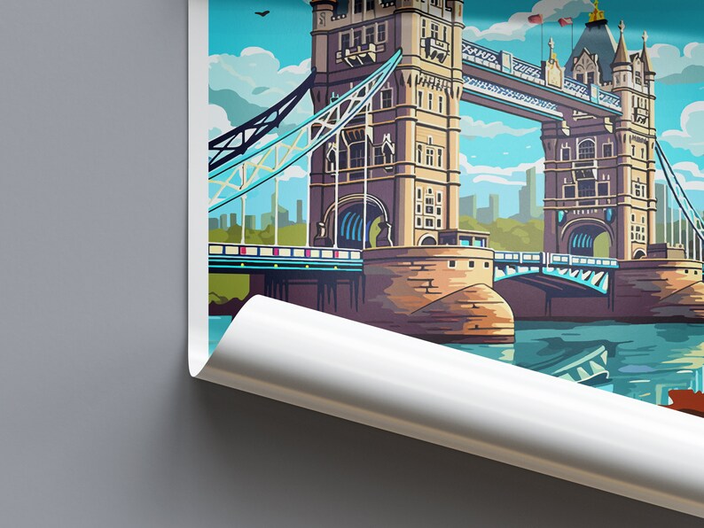 May include: A colorful illustration of the Tower Bridge in London, England. The bridge is a famous landmark with two towers and a walkway connecting them. The illustration is in a retro style with bright colors and bold lines.
