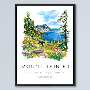 Mount Rainier Watercolor Poster Mount Rainier Travel Print Washington Wall Art National Park Decor Mountain Scene Alpine Landscape Print