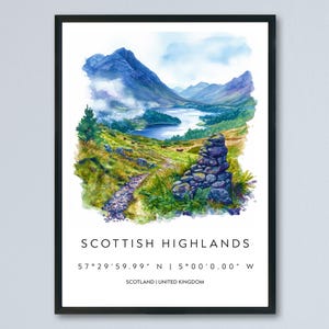Scottish Highlands Watercolor Poster Scottish Highlands Travel Print Scottish Highlands Wall Art Scottish Highlands Landscape Painting