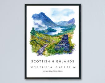 Schottisches Hochland Aquarell Poster Schottisches Hochland Reisedruck Schottisches Hochland Wandbild Schottisches Hochland Landschaftsbild